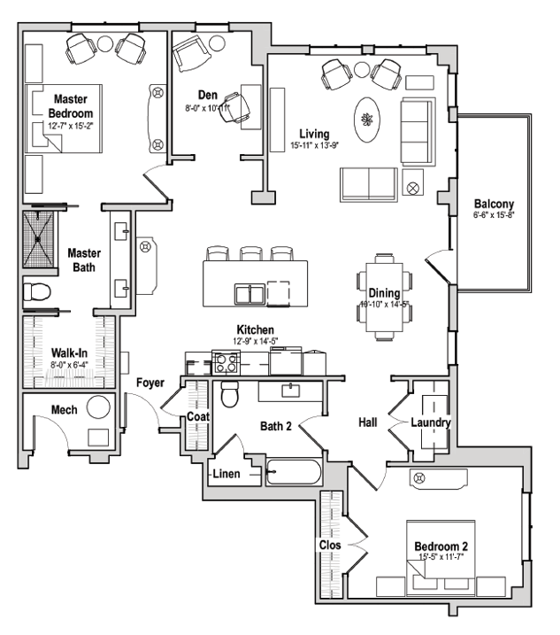 chestnut 2 bedroom floorplan with den